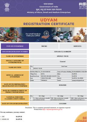 Spongy Tech Obtained Udyam Certificate From The Government Of India